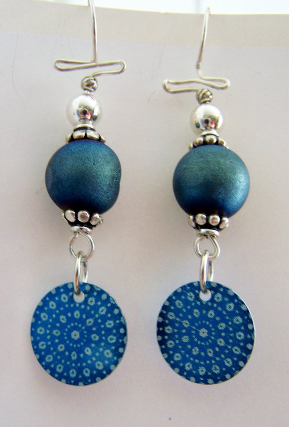 Round blue baked beads with blue aluminum disks, on sterling wire and sterling beads