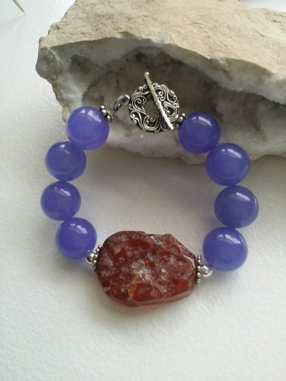 Huge purple jade beads, center orange agate, sterling beads and toggle