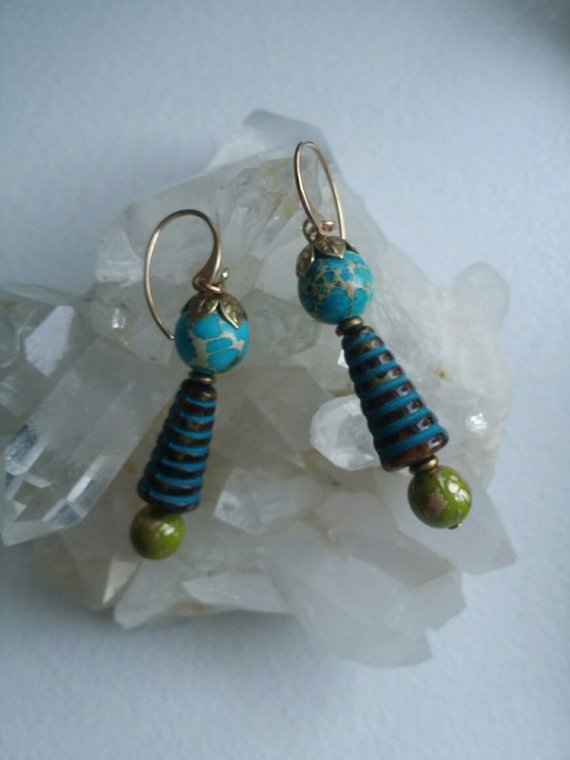 Blue Sediment Jasper, blue ceramic bead, green glass, bronze ear wires