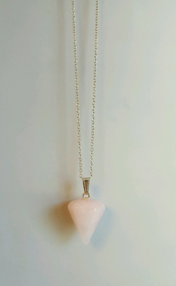 Rose Quartz pendant with 6-sided tapering to soft point, sterling bail and chain, lobster clasp