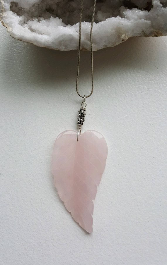 Huge Rose Quartz carved leaf on sterling wire, decorative bead and sterling chain