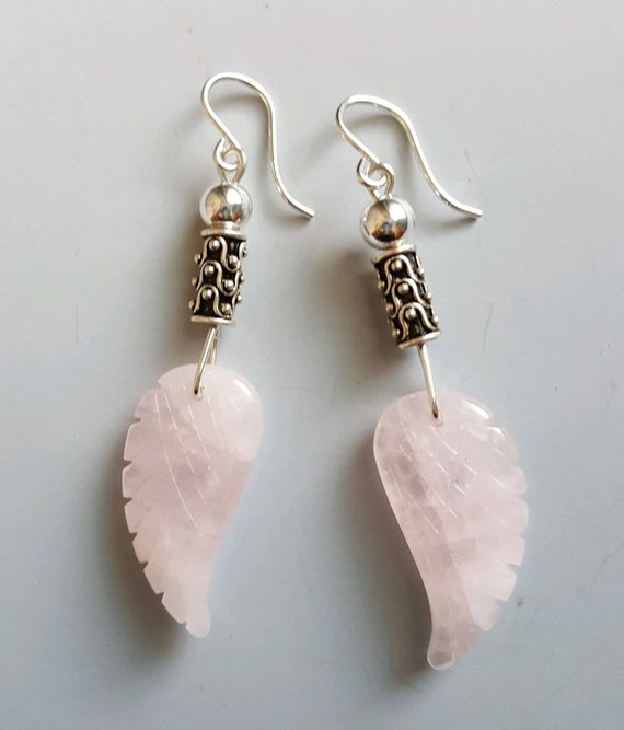 Lovely rose quartz carved angel wings on sterling wire, sterling decorative tubes, beads, and French ear wires