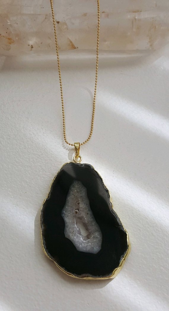 Beautiful black drusy agate, irregular shape, large, 24K electroplated edges, on gold filled chain