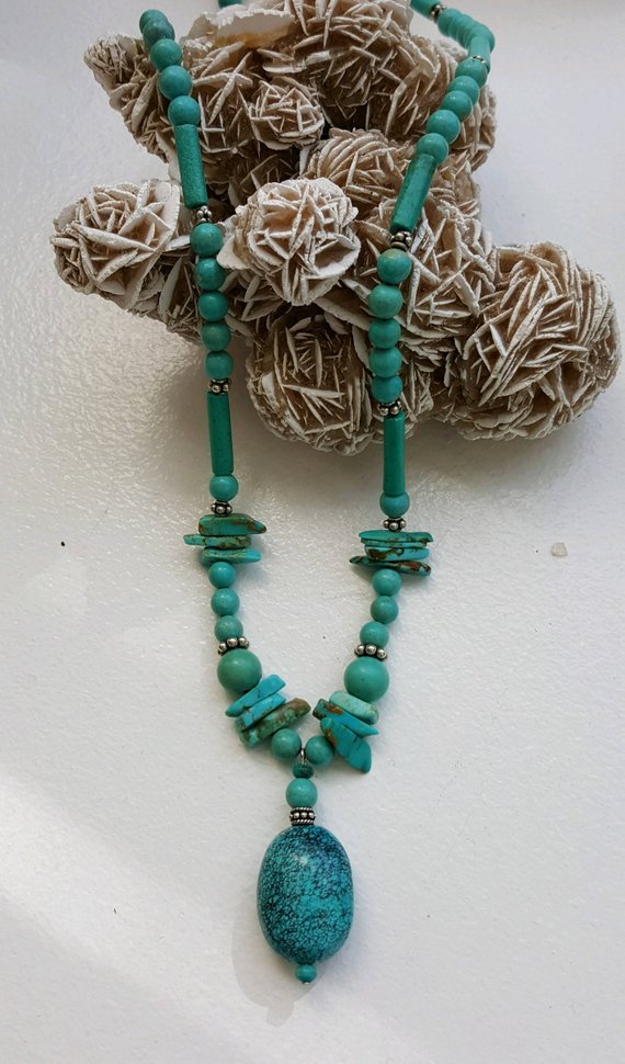 Turquoise beads and large drop bead, sterling chain and clasp