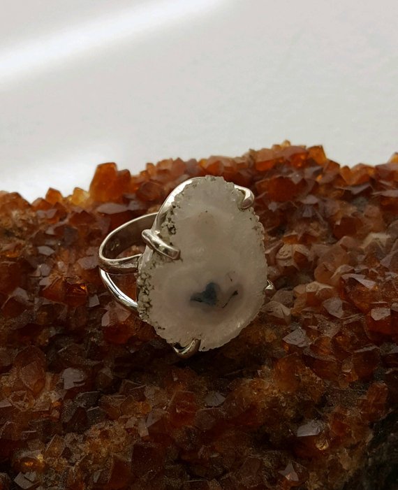 Lovely white solar quartz ring in pronged sterling setting, size 7