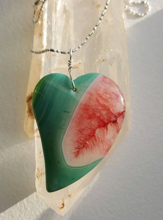 Large Green with red drusy Agate heart, sterling bail and chain