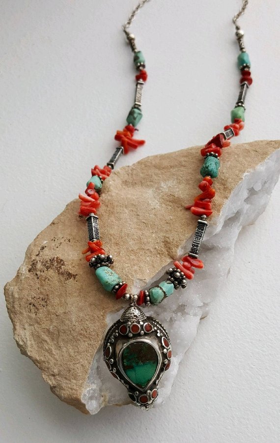 Stunning olde carved sterling pendant with inlaid turquoise and coral stones chips in necklace, pewter and sterling beads, sterling chain