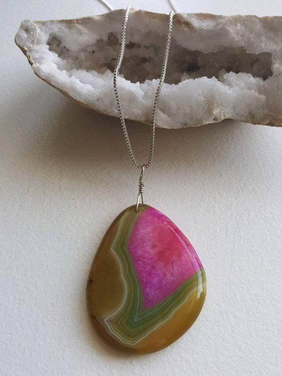 Fantastic Green-yellow-pink agate ovoid shape on sterling box chain. One of a kind