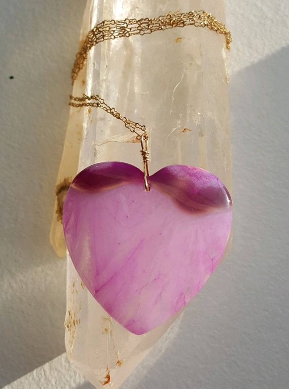 Large 2-tone pink Agate Heart, gold filled bail and chain, clasp