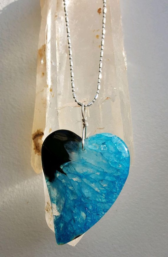Large blue drusy agate heart with black upper coloration, sterling bail and chain