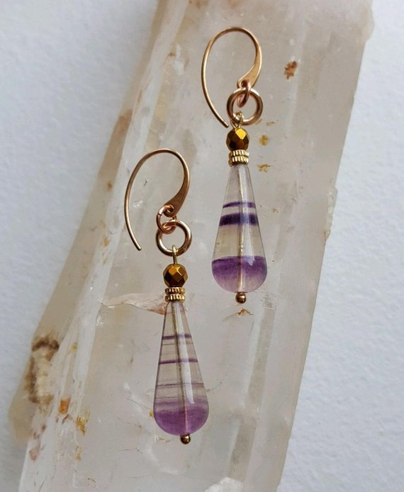 Purple-clear Fluorite tapers, bronzed glass beads, bronze ear wires