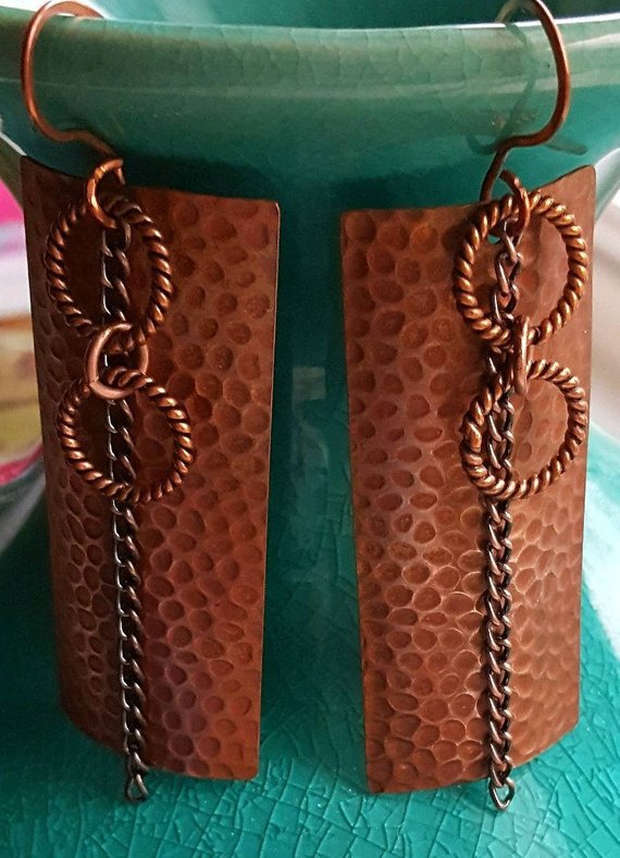Curved copper hammered rectangular shield earrings, with metal chain dangle and copper disks, hand forged ear wires