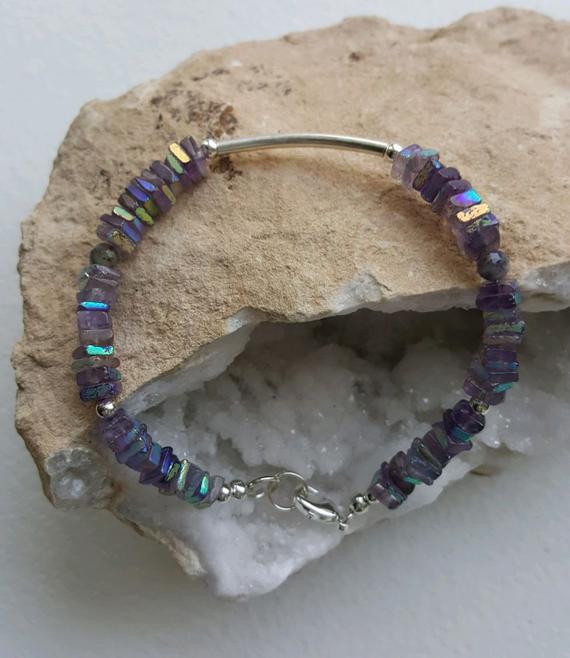 Beautiful iridescent Tanzanite square chips, sterling beads, sterling curve center bead, lobster clasp