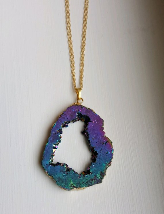 Huge Blue-Pink-Purple open druzy titanium treated agate, 24K electroplated edges and bail, on long doulbe gold filled chain