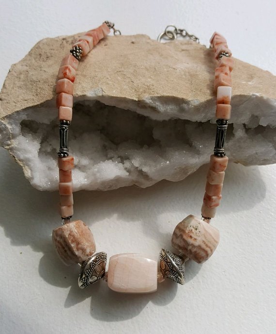 Beautiful pink Rhodochrosite large center beads, large sterling decorative beads, cube beads, large sterling lobster