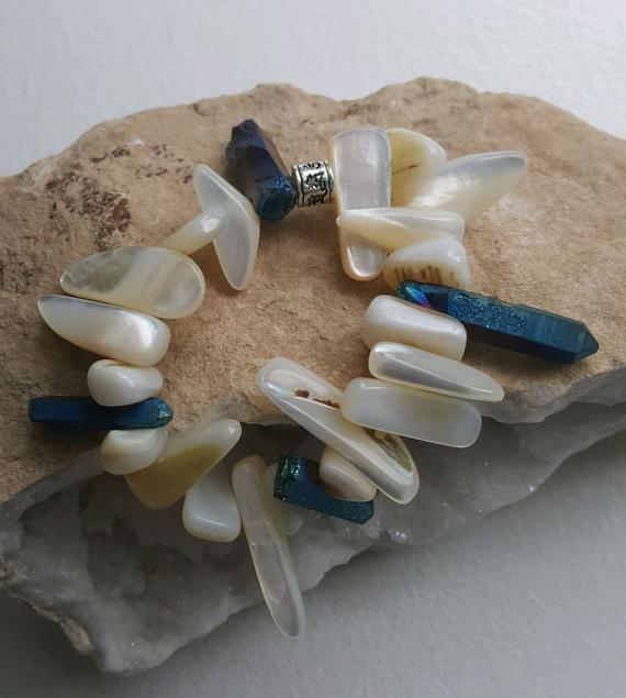Beautiful Mother of Pearl long beads, blue iridescent quartz points, on elastic with sterling bead