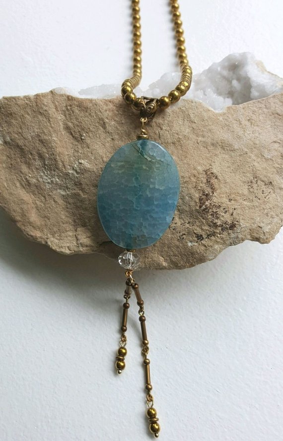 Beautiful blue crackle agate oval pendant on brass ball chain and dangles, crystal bead, 18″ chain