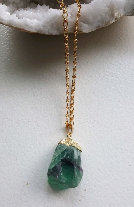 Lovely green fluorite, gold electroplated cap and bail, gold plated long chain
