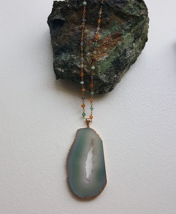 Beautiful large aqua open drusy Agate slice, 24K electroplating and bail, on multi-stone rosary chain, long