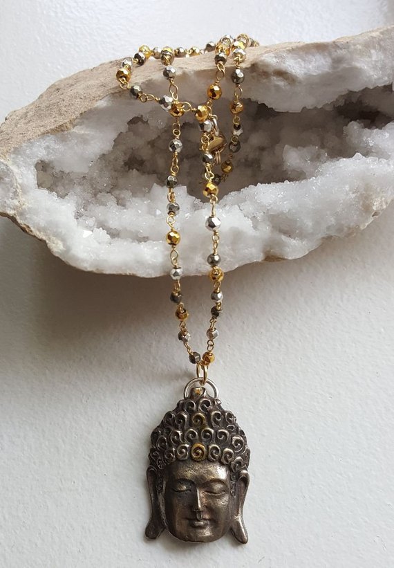 Carved Pewter Buddha head on gold and silver Pyrite rosary 24″ chain with gold wire wrap, lobster clasp