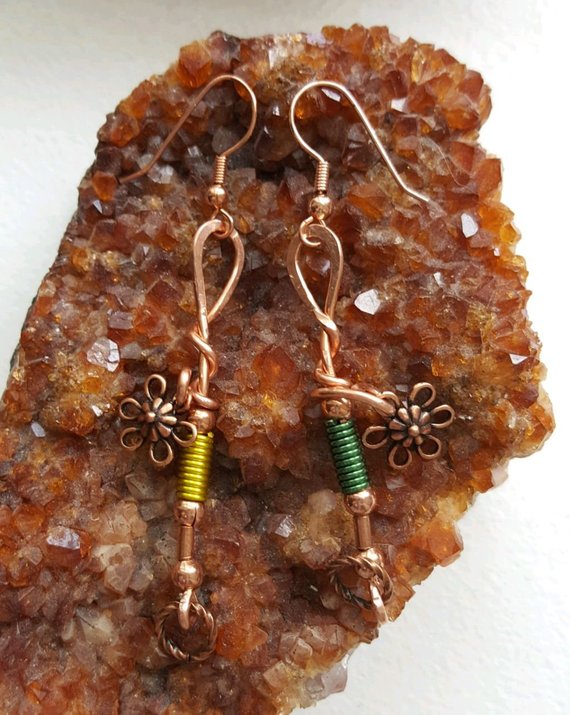 Funky and fun copper twisted wire, aluminum tubes, copper flowers and drop disks, copper ear wires