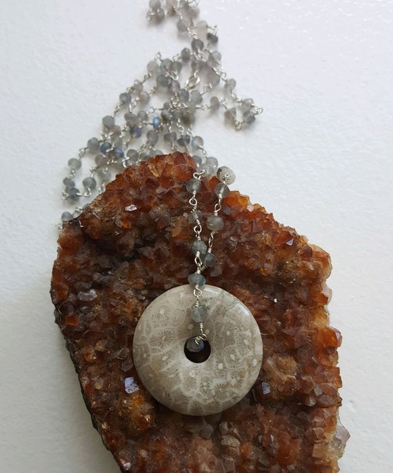 Beautiful neutral beige-taupe fossil Jasper donut, on Rainbow Moonstone rosary chain with silver plated wire