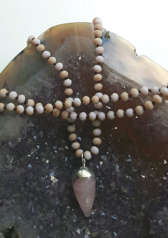 Beautiful Rose Quartz teardrop pendant, sterling cap, on pink and beige faceted jasper stone long beads