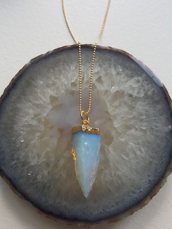 Lovely Opalite pointed pendant, gold electroplated cap and bail, on gold filled ball chain and clasp