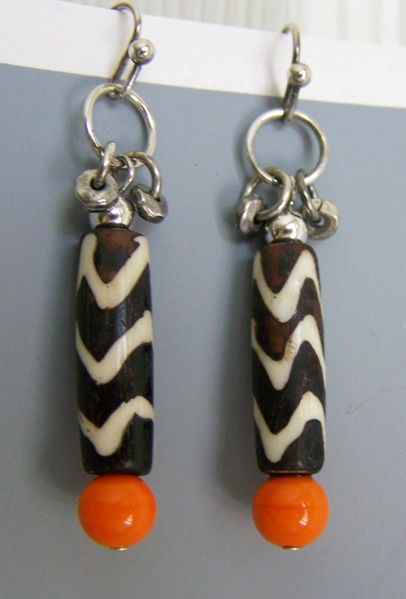 African Batik tubes, silver charms and wires, orange glass beads