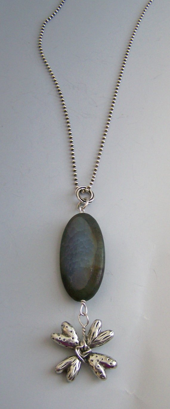 Long oval blue-teal carved agate on sterling disk and ball chain, pewter dangle of sculped hearts