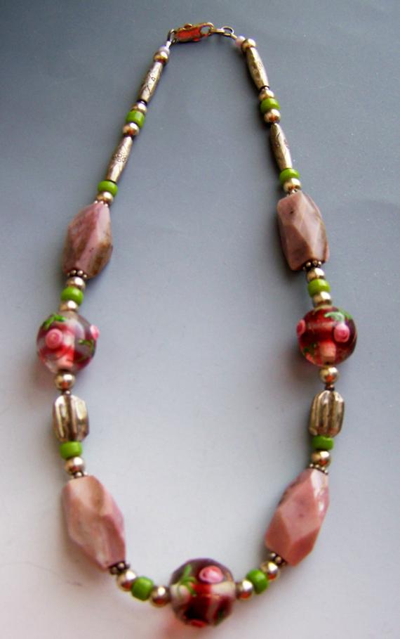 Short, chunky pink cut agates, glass painted beads, sterling beads
