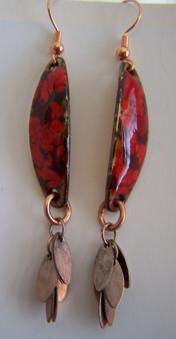 Long Red enamel on copper curved shapes with copper dangles and ear wires