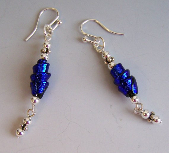 Royal Blue dichroic glass swirl with sterling beads, drop beads and French wires