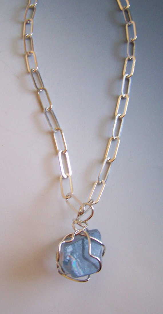 Rare beautiful blue fluorite crystal sterling wire wrapped on long open oval flat sterling chain