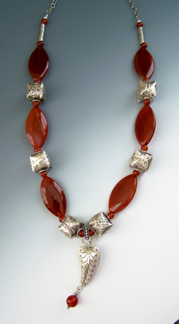 Beautiful large, oval carnelian beads, Thai silver pillow beads with beaded dangle, sterling chain/lobster