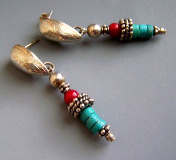 Lovely sterling decorated curved oval post with drop beads of coral, sterling and turquoise