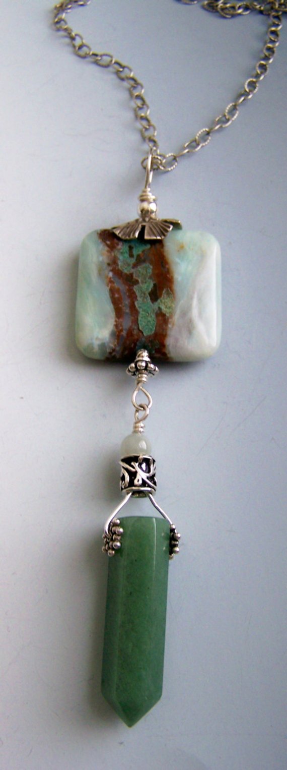 Very unusual blue/green opal with brown streak in square shape, with sterling attachments of amazonite single point with sterling designs