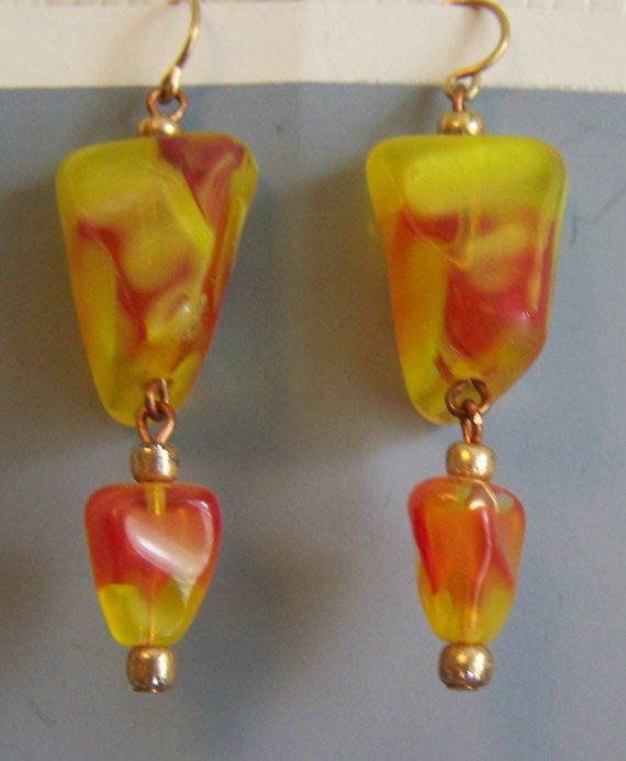 Wonderful vintage large orange and yellow lucite beads on gold filled wires with small beaded dangles
