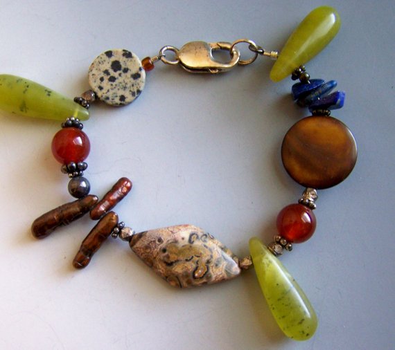 Mixed stones and shapes: jasper, lapis, dalmation stone, carnelian, jade, sterling lobster clasp