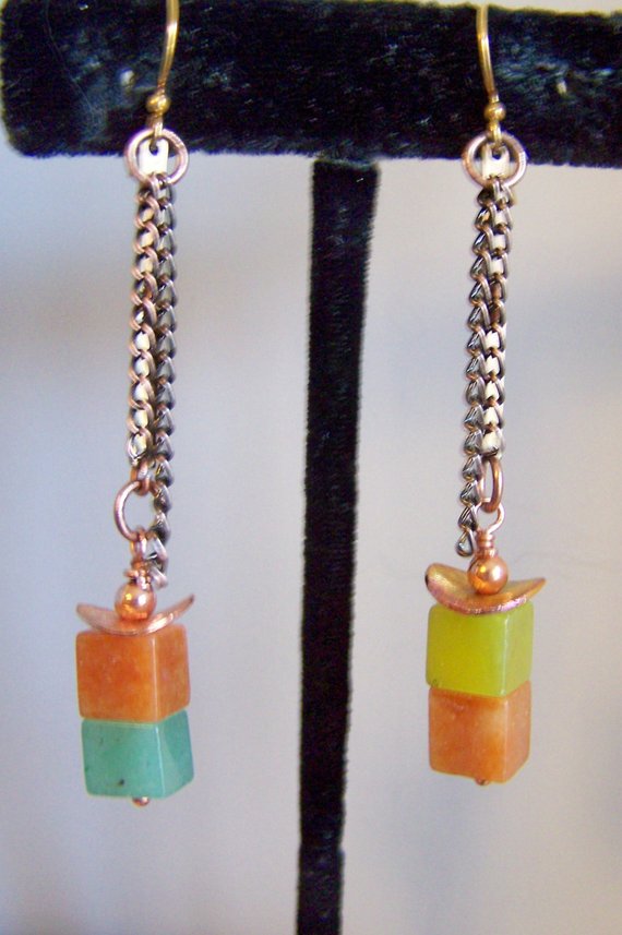 2 cubed colorful agates, copper curved disk, on brass link chain and dangle chains