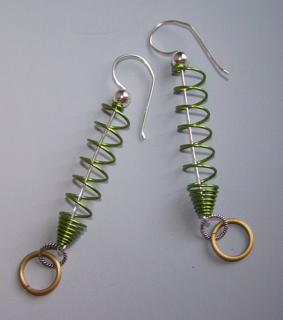 Long open green anodized aluminum swirl on sterling wire with gold circle drops