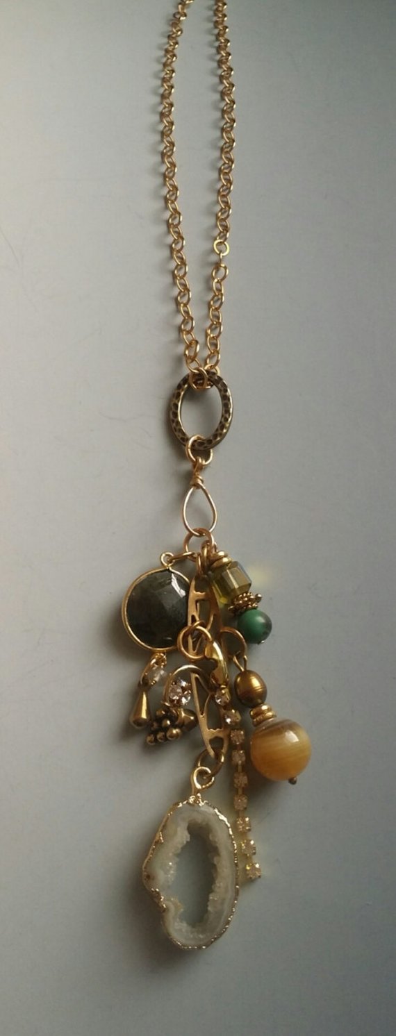 Crystal and stone charms, vintage brass connector, open drusy crystal drop on gold plated chain