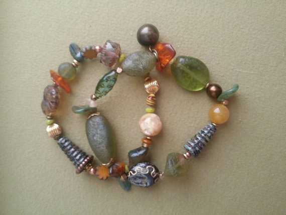 Multi-shaped Glass beads, agates, brass, on elastic, 2 separate bracelets to wear together