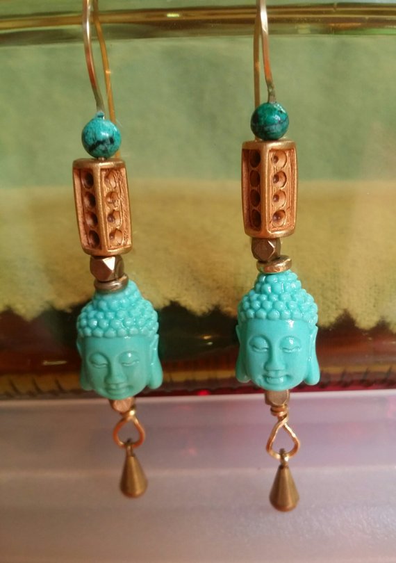 Turquoise resin Buddhas, on brass wire with brass dangles, chrysocolla beads, vintage gold tubes, on brass ear wires