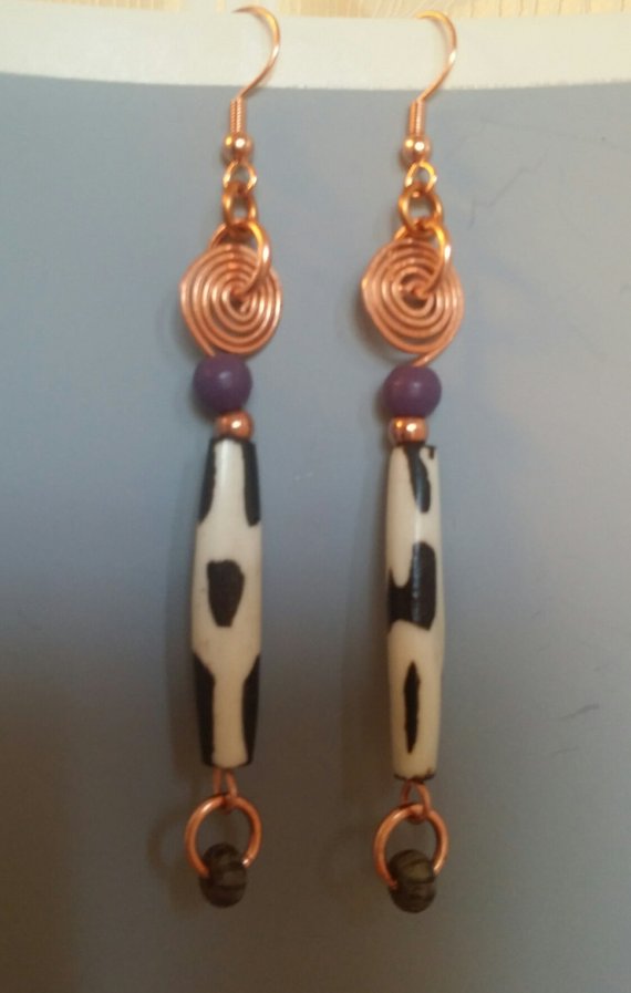 Long Copper wound wire, purple and copper beads, long batik bead, African trade bead drop