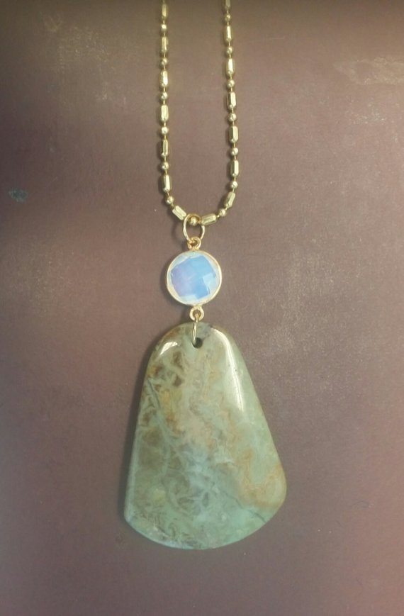 Add to Favorites image 0  Request a custom order and have something made just for you. This seller usually responds within 24 hours. Beautiful green jasper, opalite connector, shiny brass chain