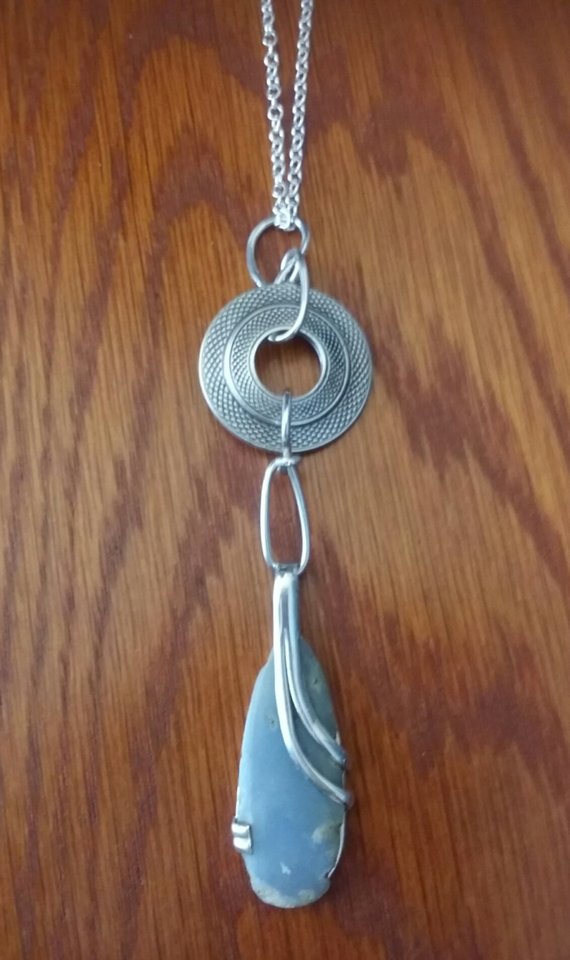 Oblong Angelite pendant, sterling wire setting, silver open disk, hand forged sterling wire connectors, sterling chain