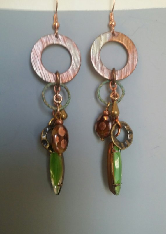 Charm earrings on open hammered copper disk, vintage green glass drop
