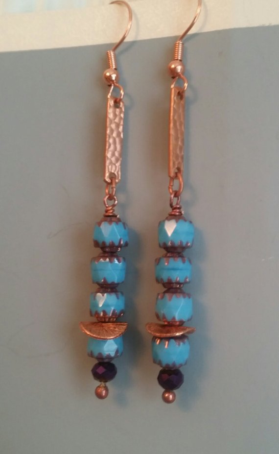 Hammered copper links, bird’s egg blue, faceted vintage beads with copper trip, copper disks, purple crystal beads, long