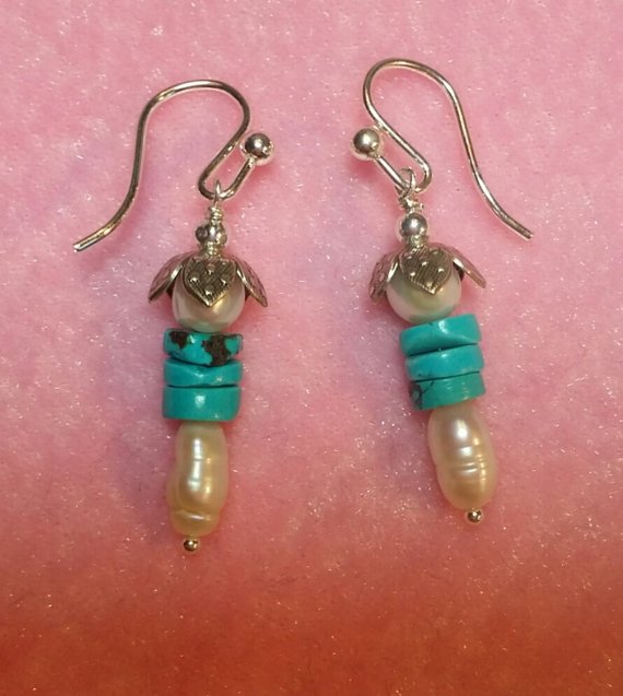 Shortie, pearls and turquoise beads, sterling decorative bead cap, sterling ear wires
